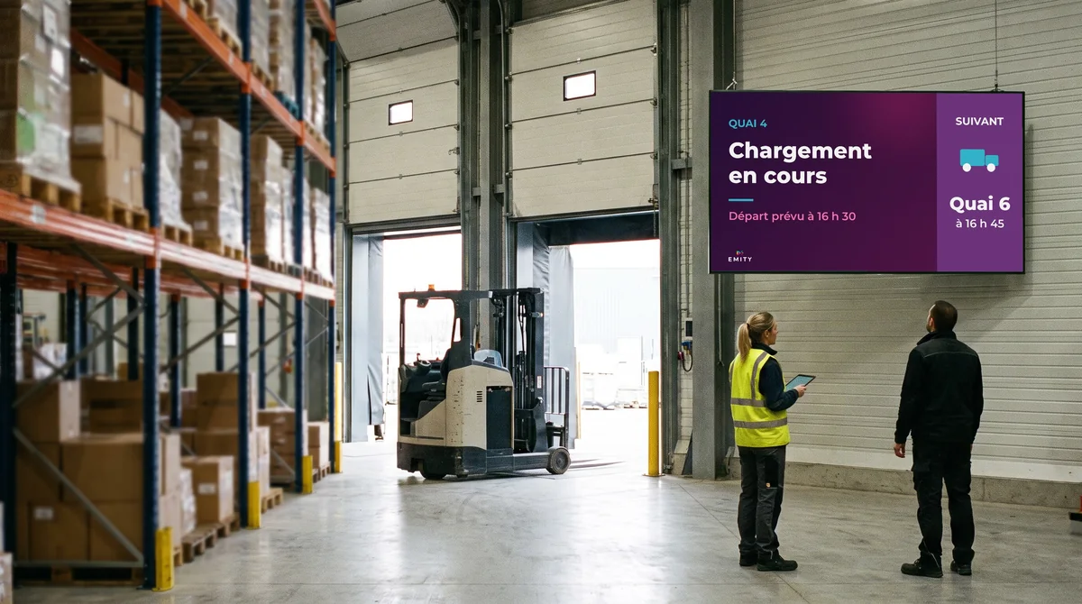 Entrepôt logistique : l'écran du quai 4 annonce le chargement en cours et le prochain quai