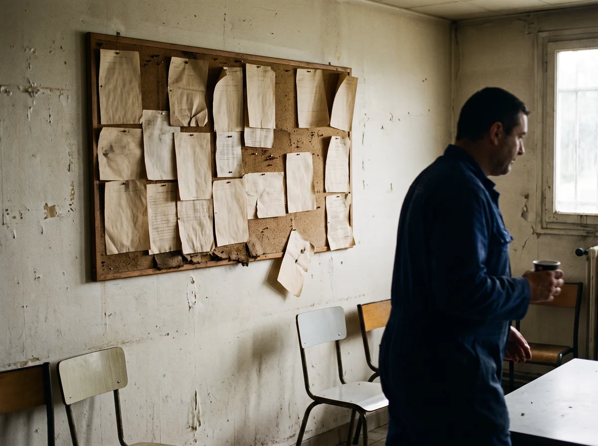 Salle de pause d'usine : un tableau de liège couvert de notes papier jaunies et cornées, qu'un ouvrier dépasse sans les regarder