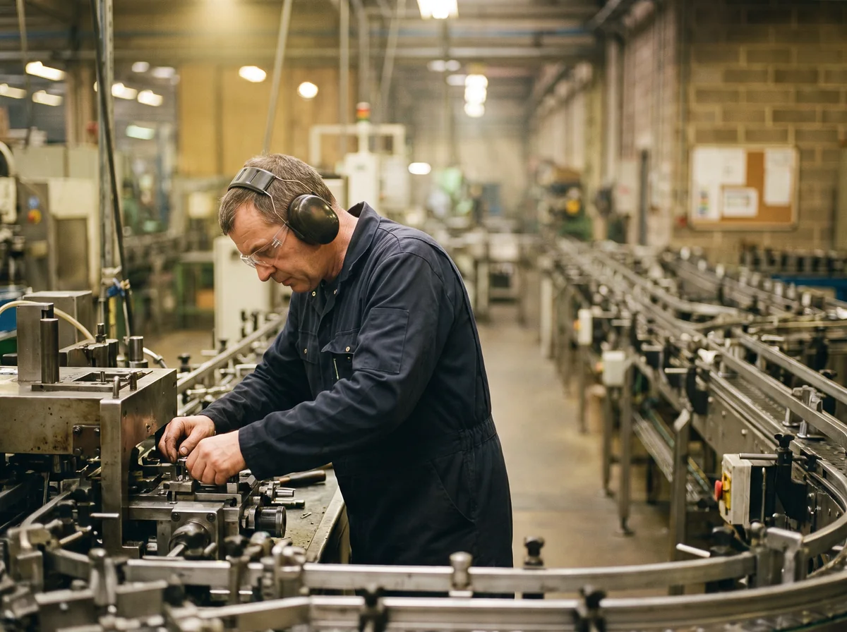 Opérateur concentré sur sa machine en ligne de production, loin du tableau d'affichage du réfectoire
