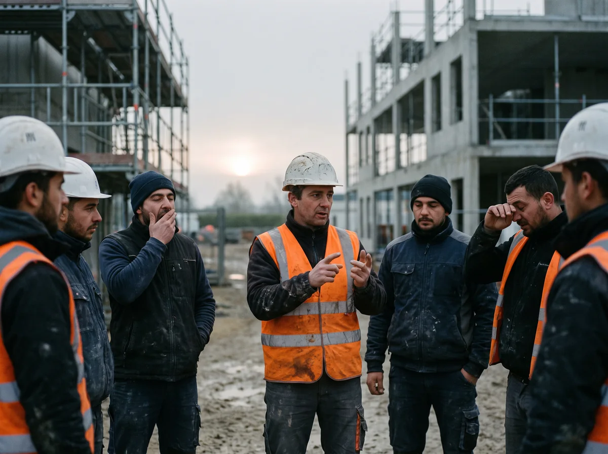 Chef d'équipe qui rappelle de mémoire les consignes de sécurité à son équipe au briefing du matin sur un chantier