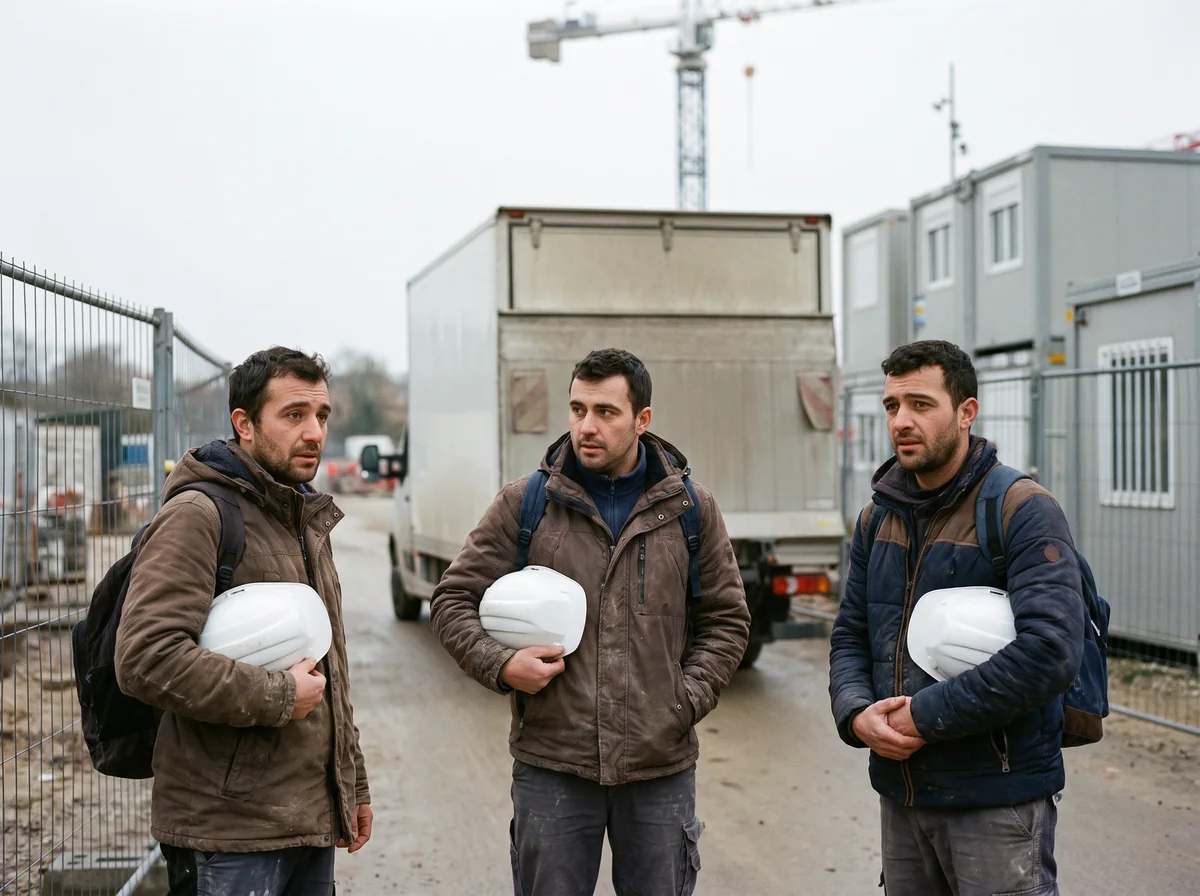 Trois nouveaux arrivants, casque sous le bras, attendent à l'entrée d'un chantier qu'ils découvrent