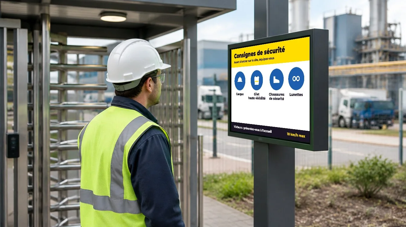 Intervenant en gilet devant le tourniquet d'entrée d'un site industriel : l'écran affiche les consignes de sécurité et les équipements exigés