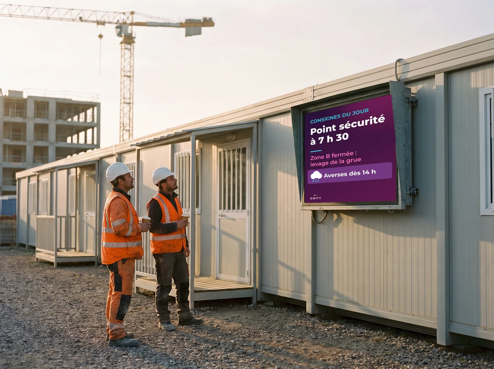 Deux compagnons, café à la main, devant l'écran extérieur de la base vie : consignes du jour, point sécurité à 7 h 30, zone B fermée pour levage, averses dès 14 h