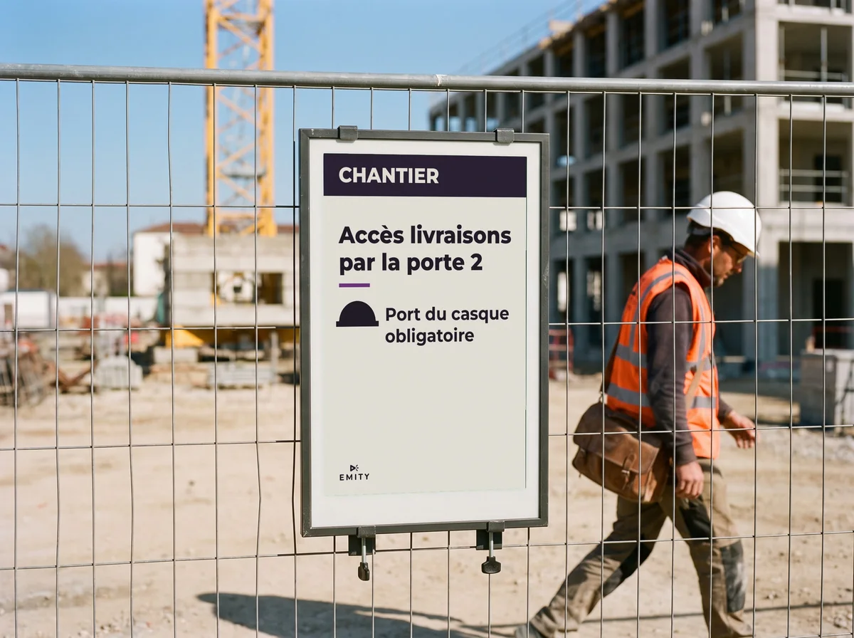 Affiche à encre numérique fixée sur la clôture d'un chantier, sans câble : accès livraisons par la porte 2