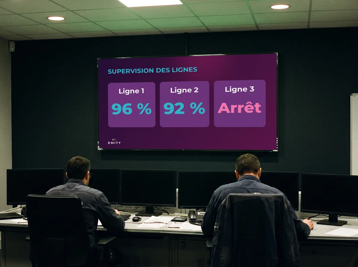 Salle de supervision : un mur d'écrans affiche en une seule image l'état des lignes de production