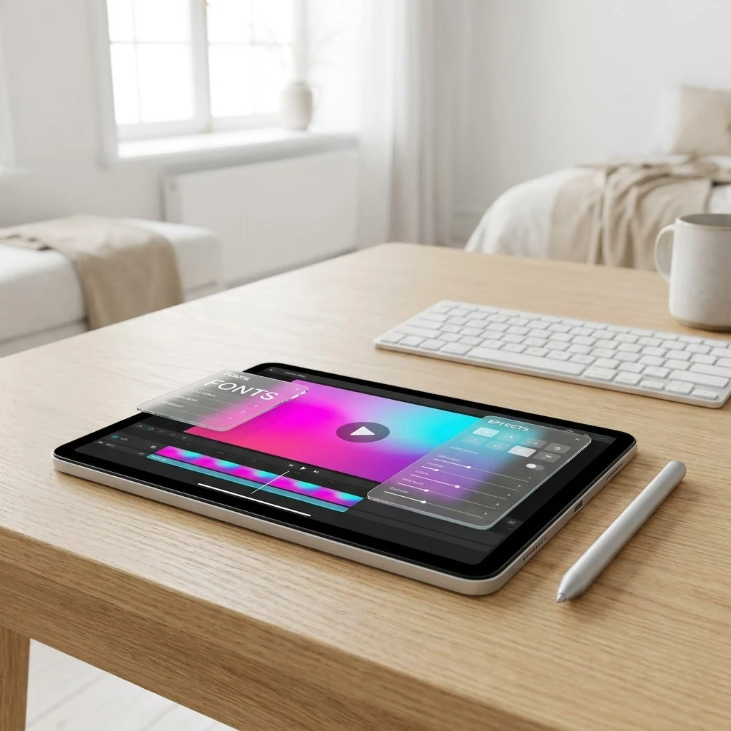 Tablet and stylus on a desk, an animated visual being designed in Adobe Express