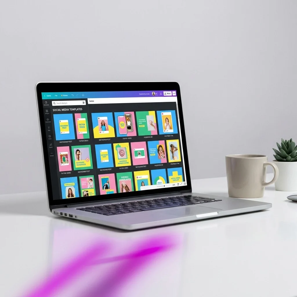 Laptop open on a gallery of Canva templates