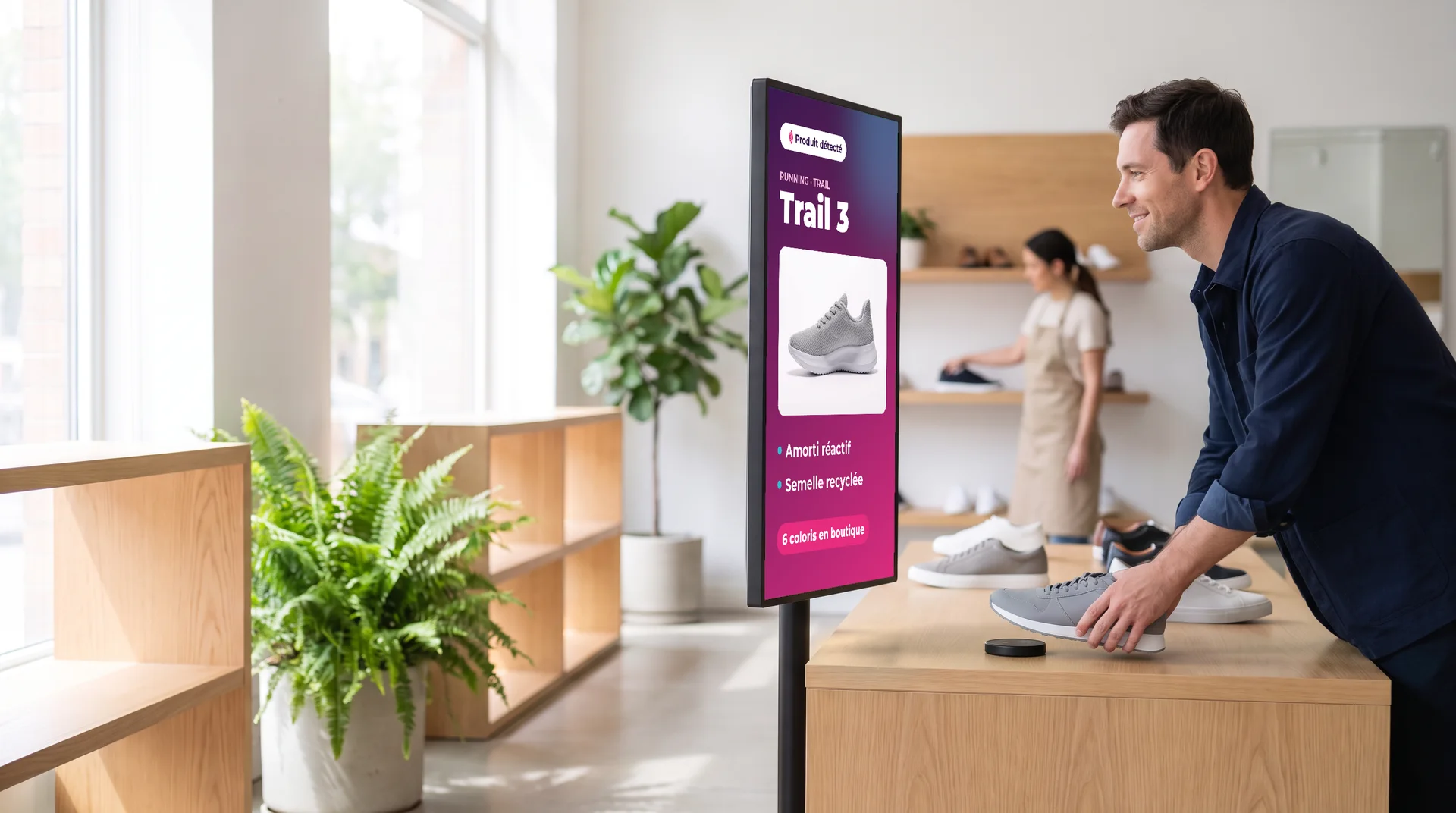 Cliente qui approche son téléphone d'un tag NFC : l'écran affiche le contenu associé