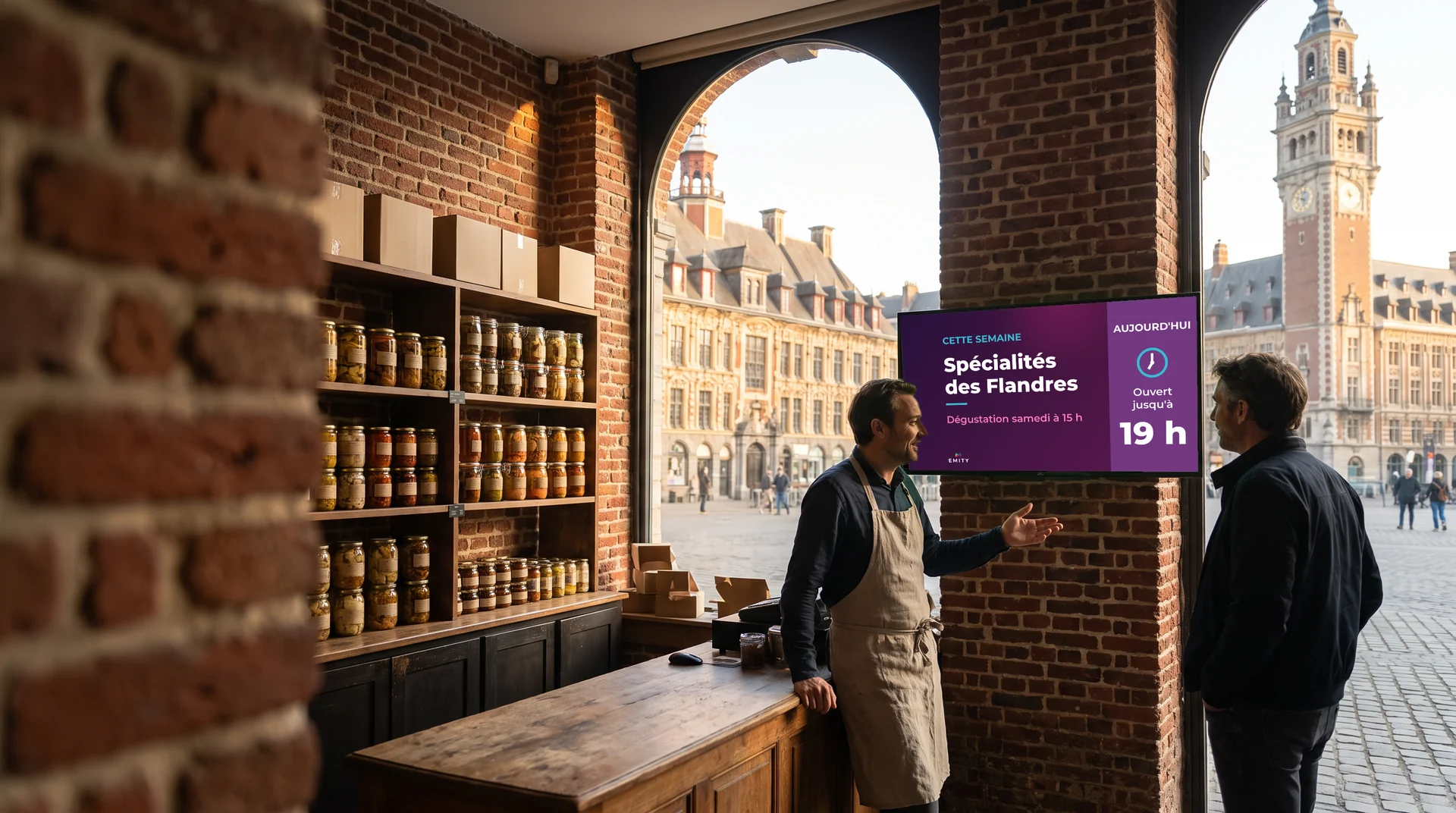 Épicerie fine du Vieux-Lille aux murs de brique : le commerçant montre au client l'écran mural « Spécialités des Flandres », avec la Vieille Bourse et le beffroi de la Chambre de commerce par la baie