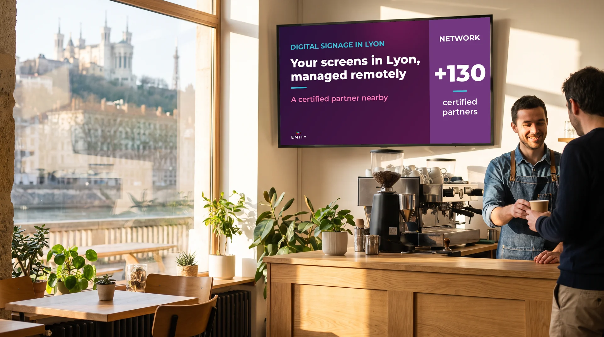 Café on the Presqu'île facing the Saône and Fourvière: under the screen “Your screens in Lyon, managed remotely”, a barista serves a customer