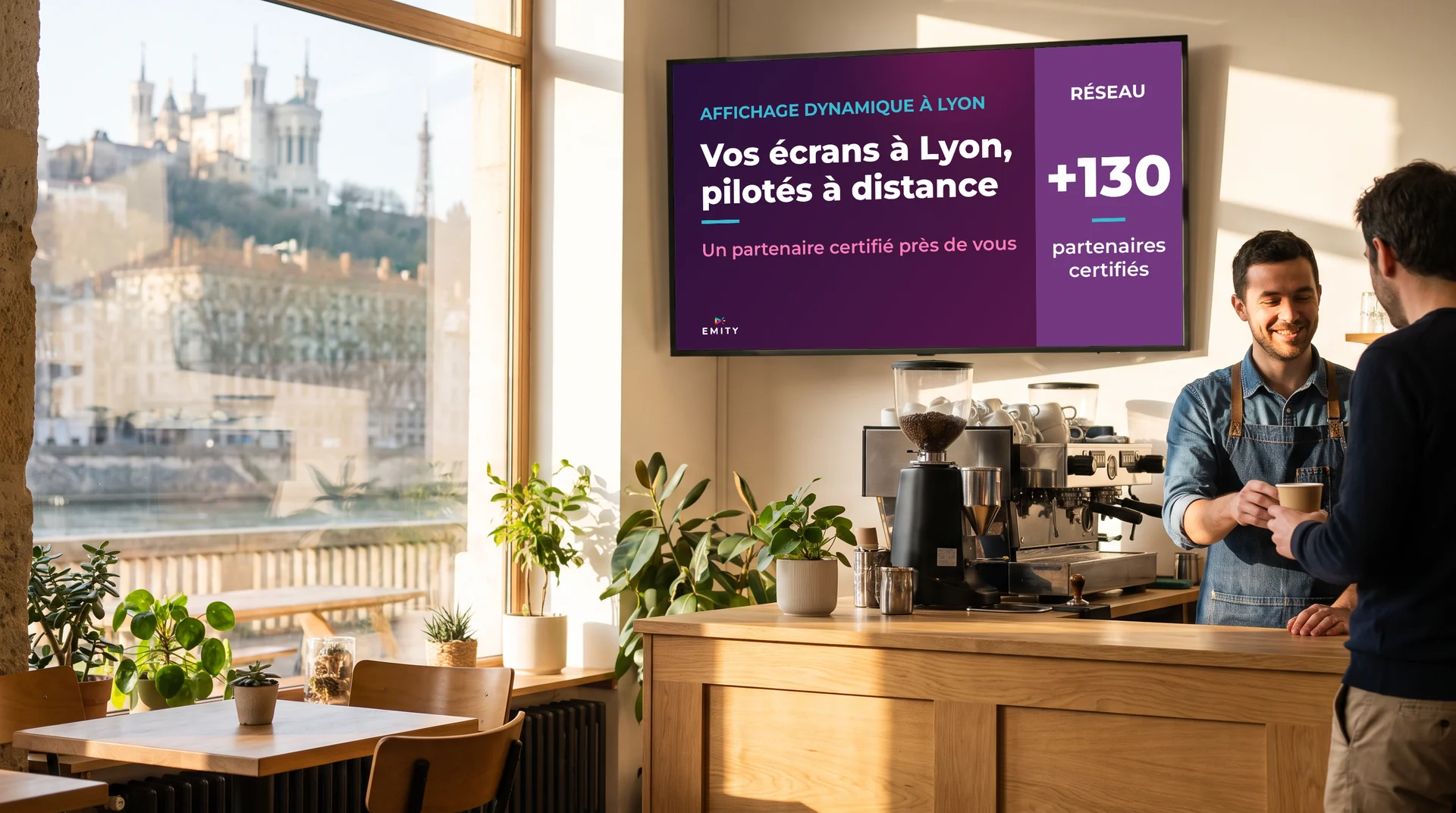 Café de la Presqu'île face à la Saône et à Fourvière : sous l'écran « Vos écrans à Lyon, pilotés à distance », un barista sert un client