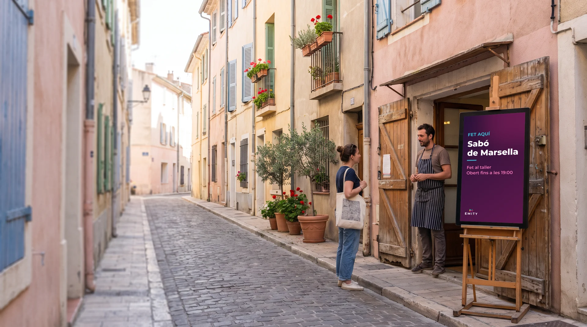 Carrer empedrat de Le Panier a Marsella, façanes pastel: un artesà parla amb una vianant davant d'una pantalla sobre cavallet «Sabó de Marsella»