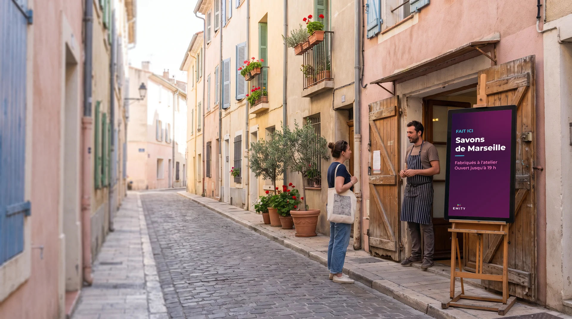 Rue pavée du Panier à Marseille, façades pastel : un artisan discute avec une passante devant un écran sur chevalet « Savons de Marseille »