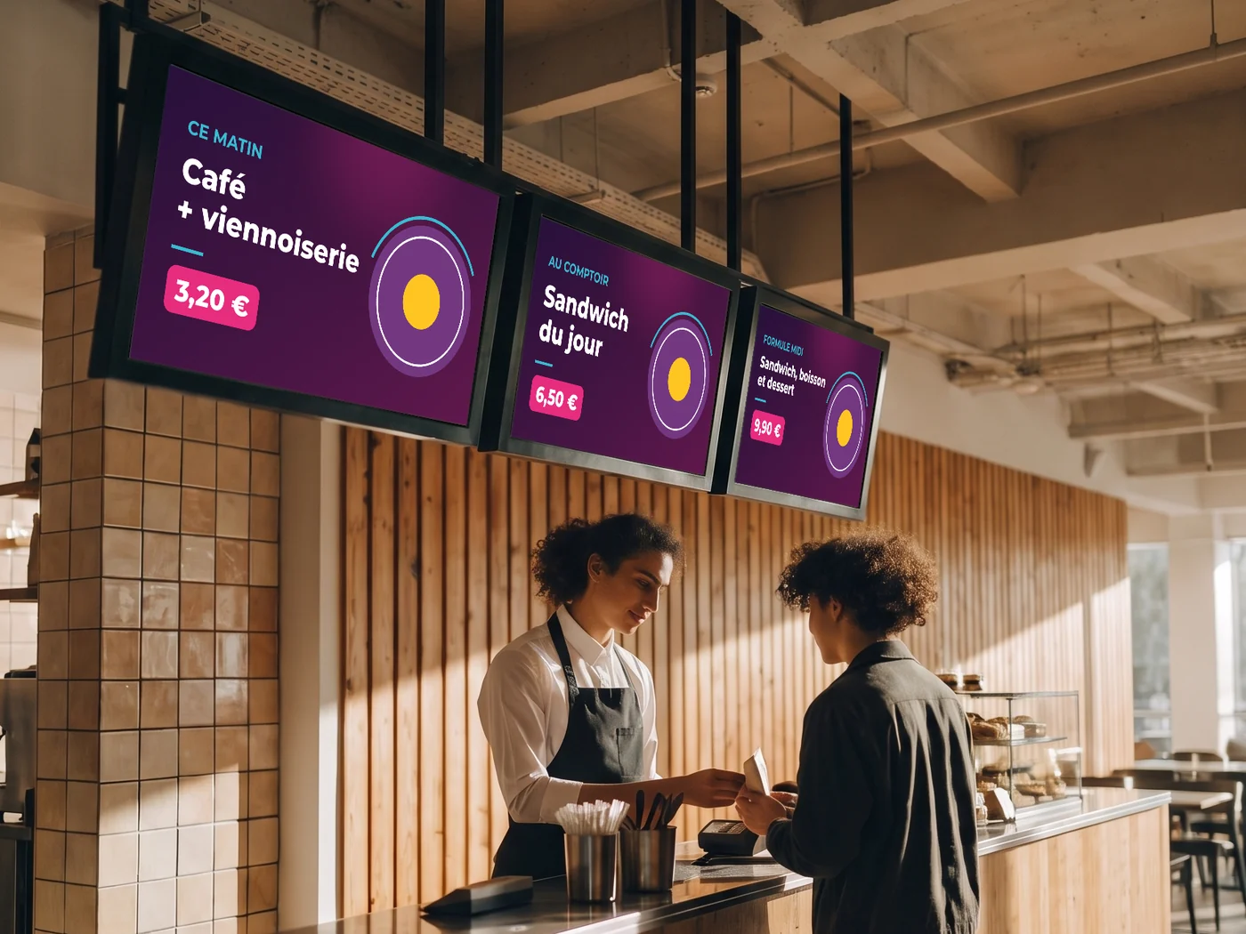 Serveuse qui encaisse un client sous trois écrans de menu : café et viennoiserie, sandwich du jour, formule midi
