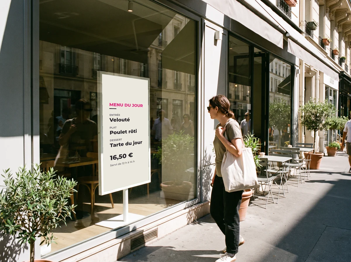 Passante devant la vitrine ensoleillée d'un restaurant où une affiche à encre numérique présente le menu du jour