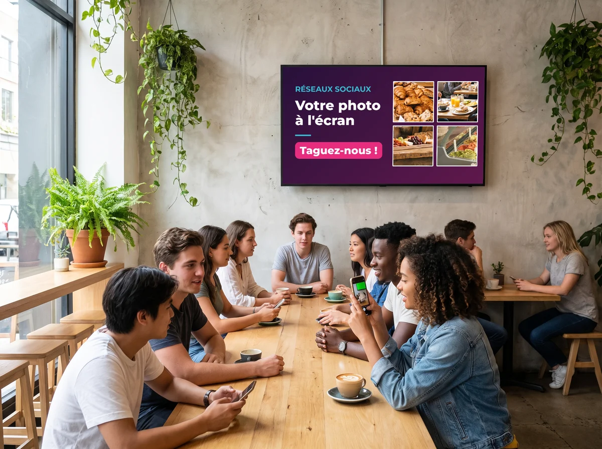 Jeunes clients d'un café sous un écran « Votre photo à l'écran » qui affiche des photos de plats