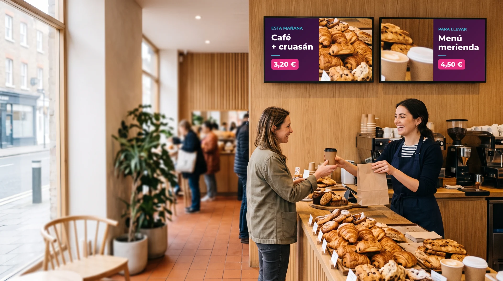 Panadería-cafetería: una dependienta entrega un café a una clienta bajo dos menu boards «Café + cruasán» y «Fórmula merienda»
