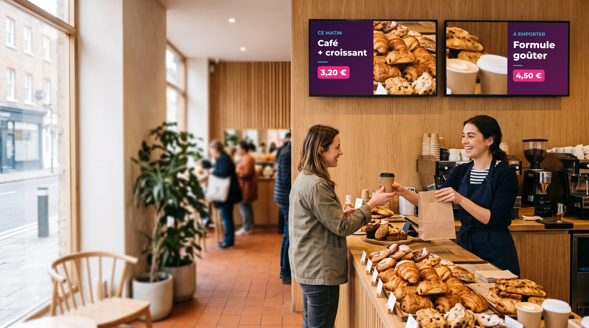 Boulangerie-café : une vendeuse tend un café à une cliente sous deux menu boards « Café + croissant » et « Formule goûter »