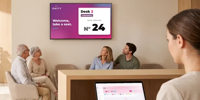 Waiting room: desk call screen above the reception counter