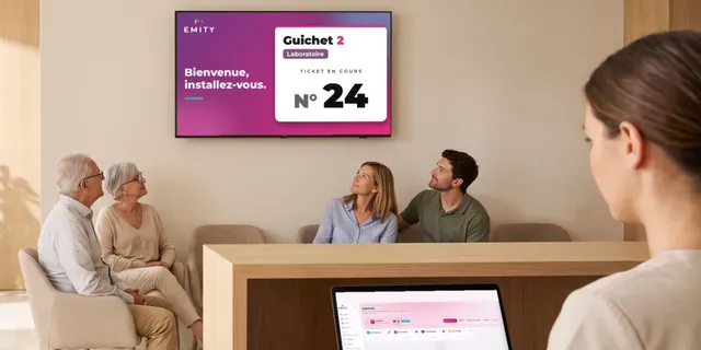 Salle d'attente : écran d'appel au guichet au-dessus du comptoir d'accueil