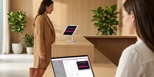 Accueil : visiteuse devant la tablette d'enregistrement EMITY