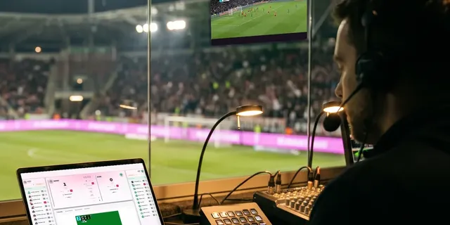 Stadium control room: the match on screen and the score run from a laptop