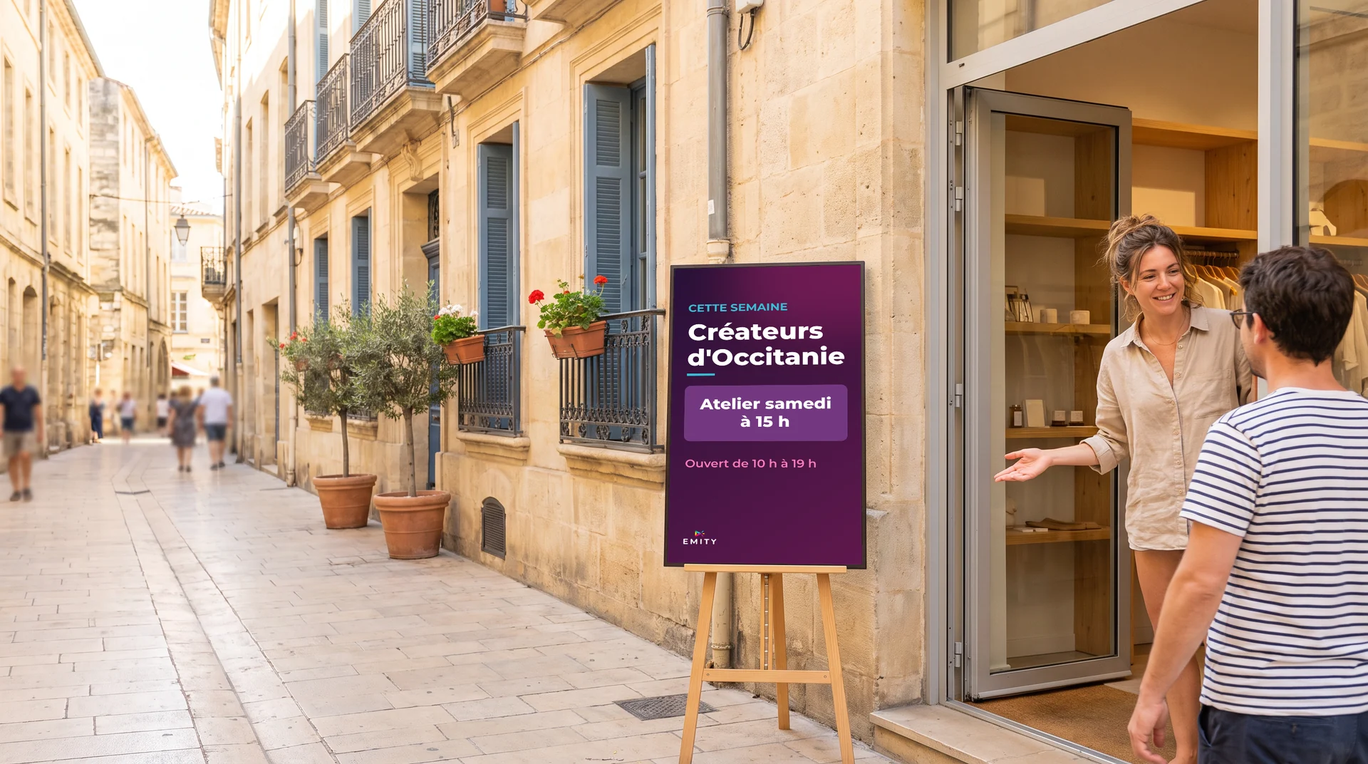 Rue piétonne de l'Écusson en pierre blonde : une commerçante accueille un client sur le pas de sa boutique, l'écran sur chevalet annonce les créateurs d'Occitanie et l'atelier du samedi