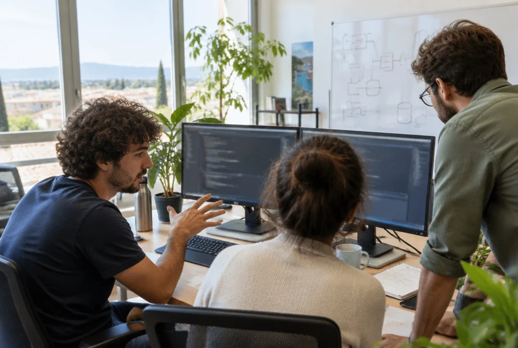 EMITY team at work at their screens, in a bright office