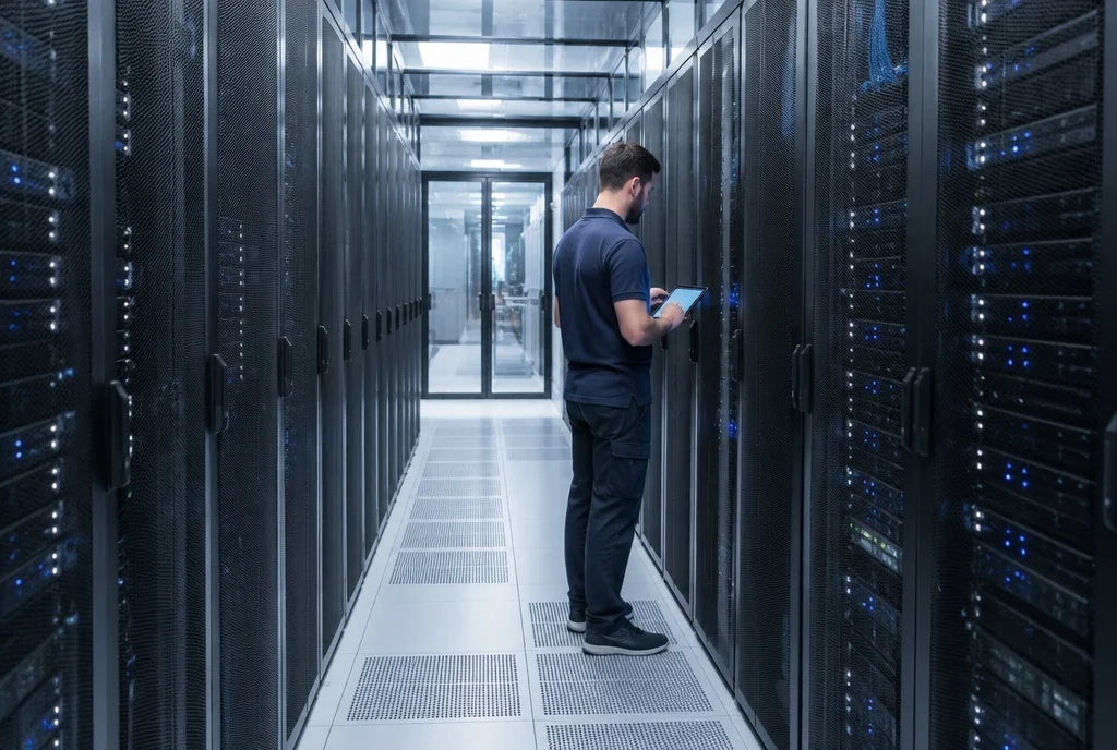 Technicien qui contrôle les serveurs dans l'allée d'un data centre