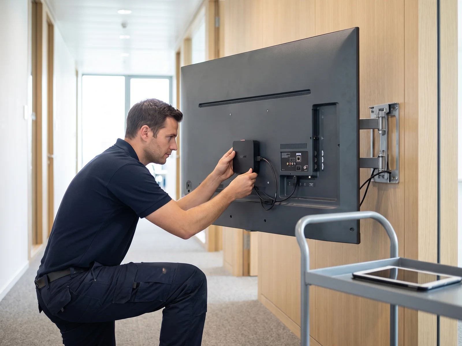 Technicien qui raccorde en HDMI un player E-BOX au dos d'un écran mural, dans un couloir de bureaux