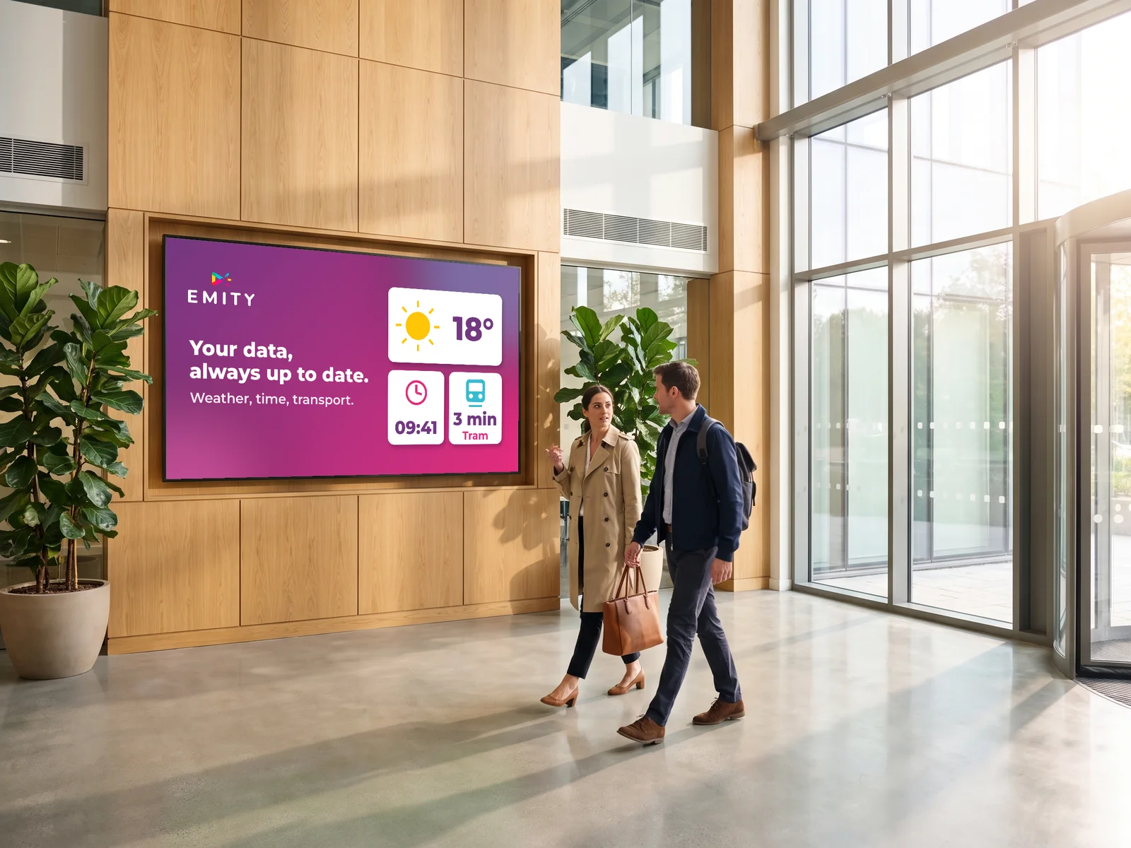 Office entrance hall: the wall screen shows the weather, the time and the next tram, updated automatically