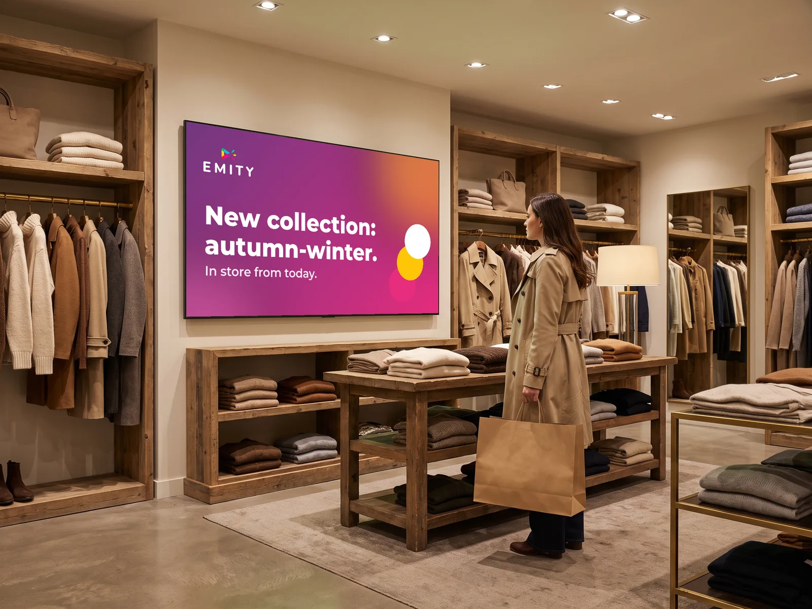 Clothing shop: a customer looks at the screen announcing the new autumn-winter collection