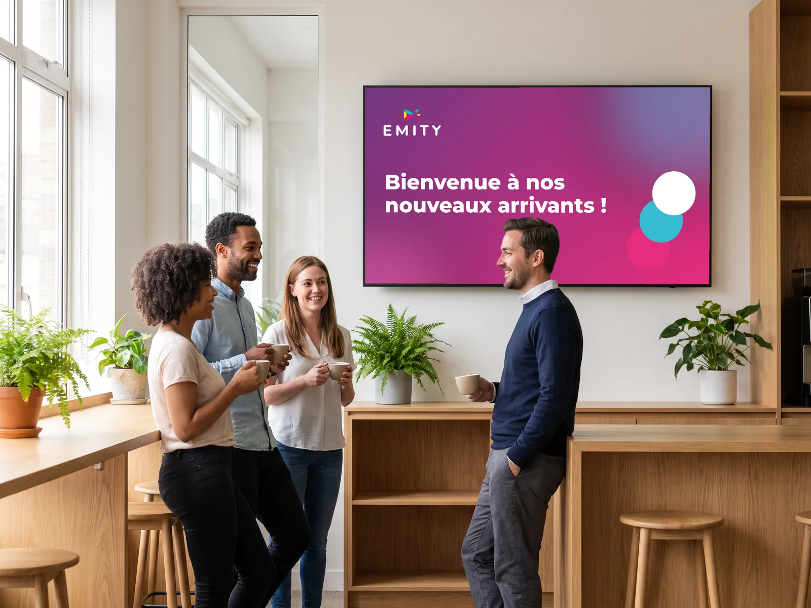 Espace café d'une entreprise : des collègues accueillent un nouvel arrivant sous l'écran qui souhaite la bienvenue aux nouveaux arrivants