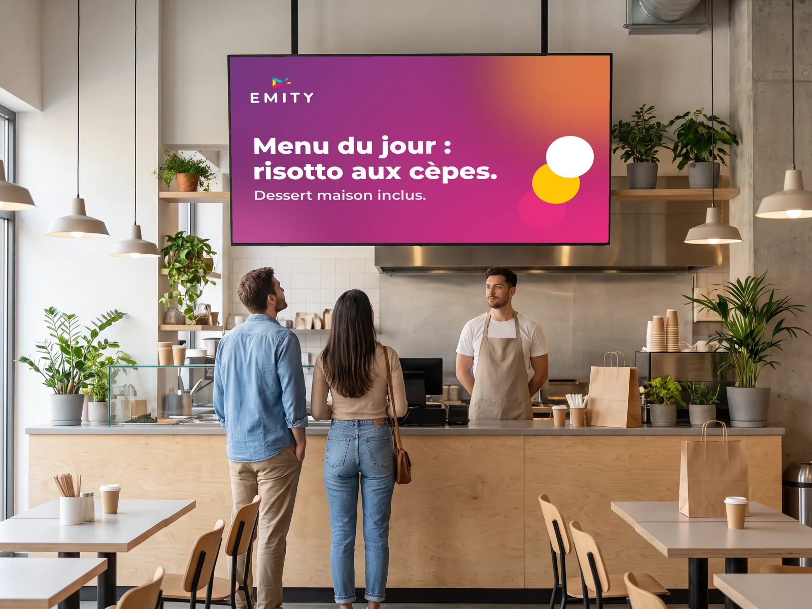 Comptoir d'un restaurant : deux clients lisent le menu du jour sur l'écran au-dessus du comptoir