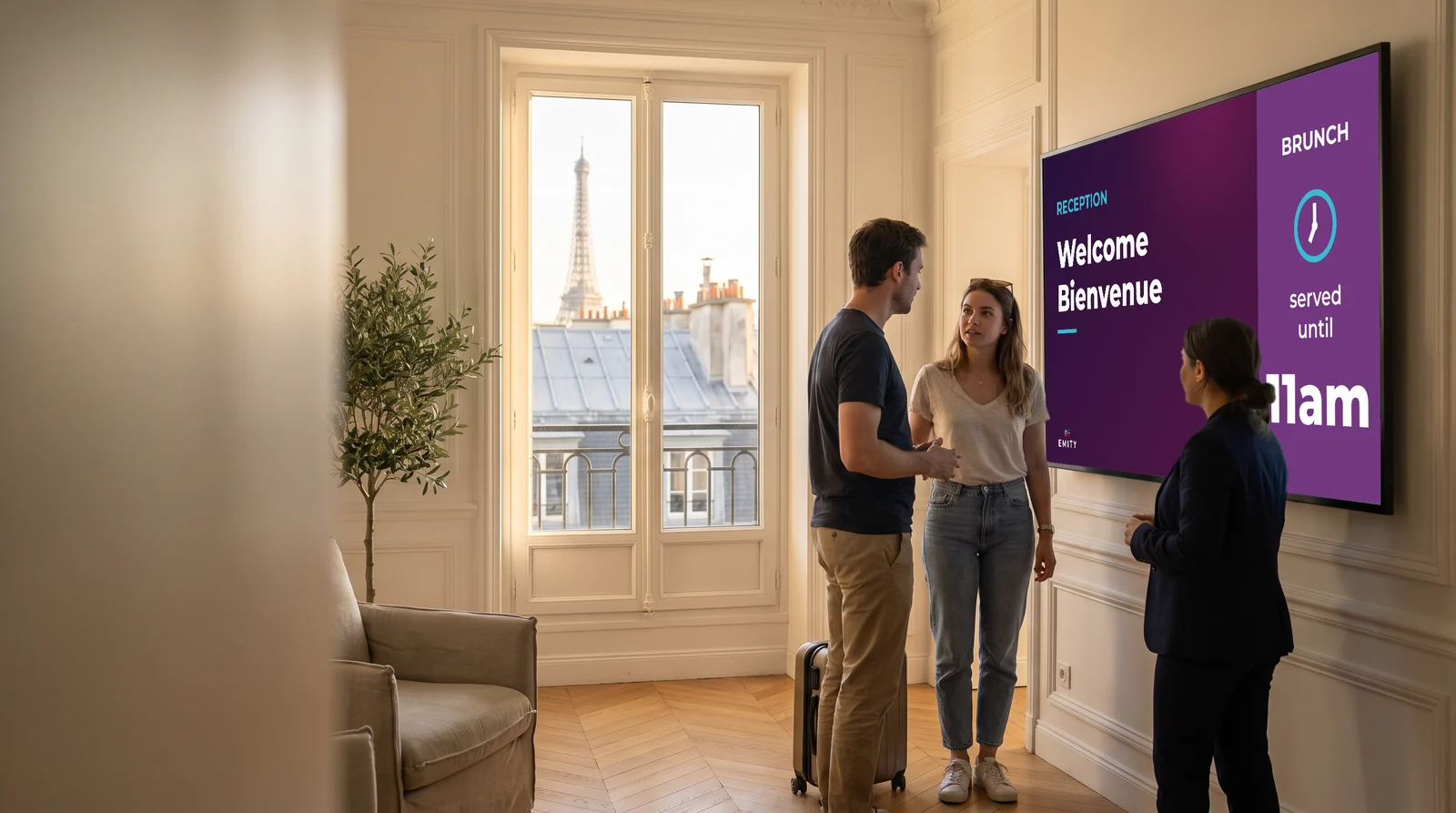 Hotel lounge, Eiffel Tower through the window: two travellers and the host in front of the screen “Reception · Welcome · Bienvenue · Brunch served until 11am”