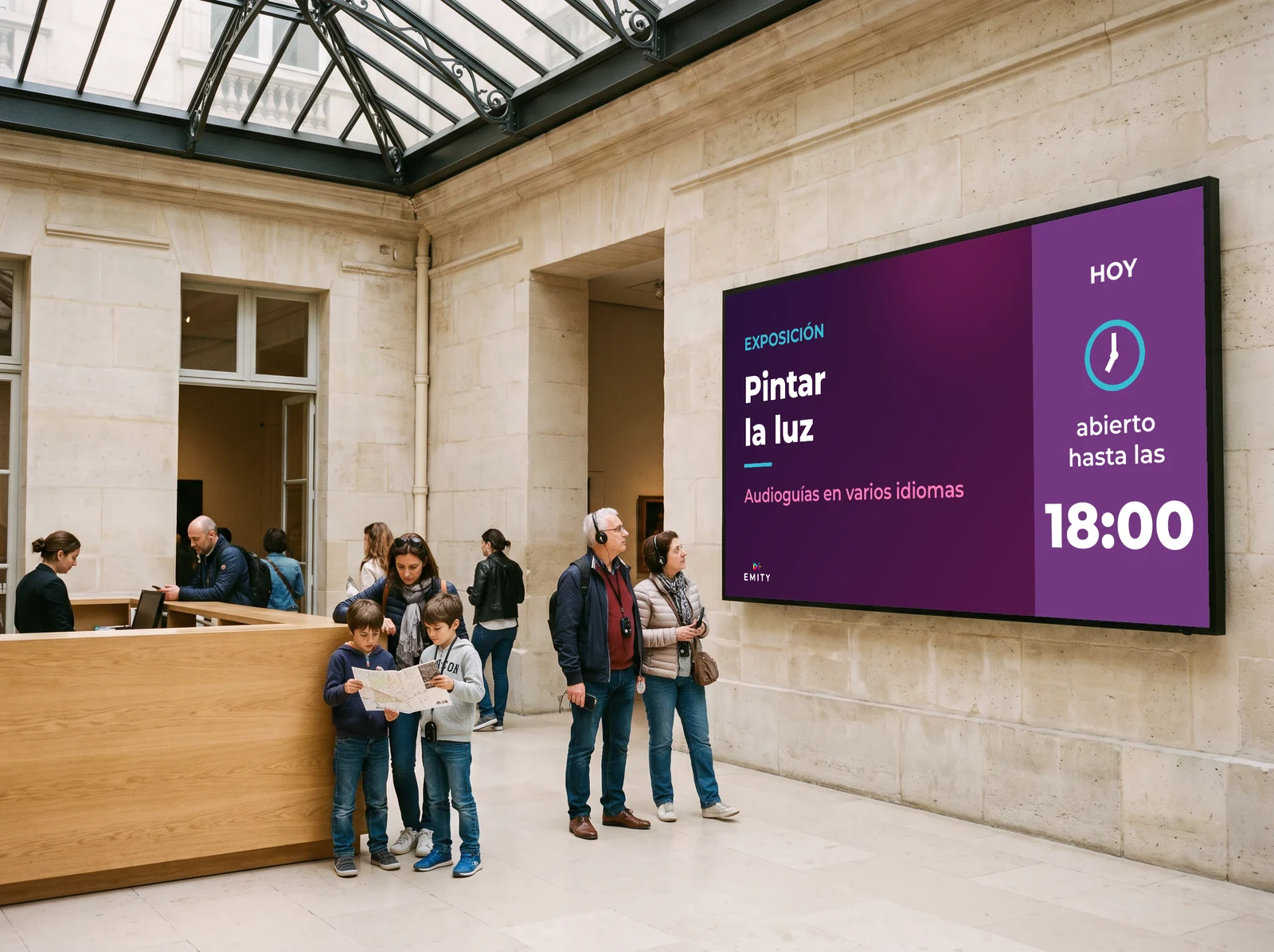 Vestíbulo de un museo bajo una cristalera: visitantes con audioguías ante la pantalla «Exposición · Pintar la luz · abierto hasta las 18:00»