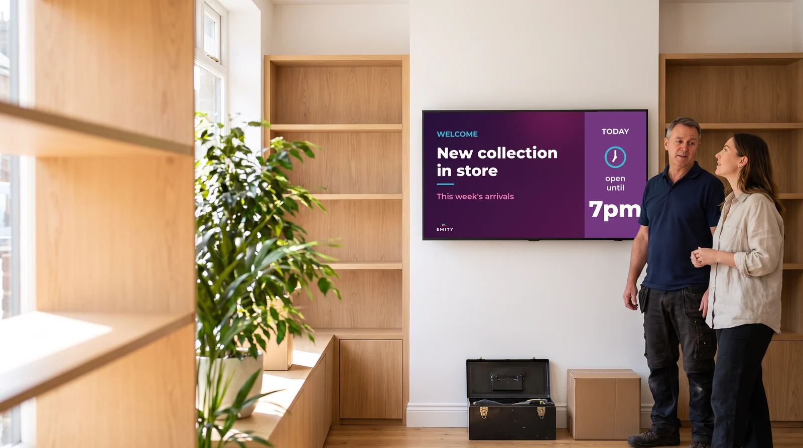Installer and shop owner in front of the screen he has just mounted in the shop: “Welcome · New collection in store”