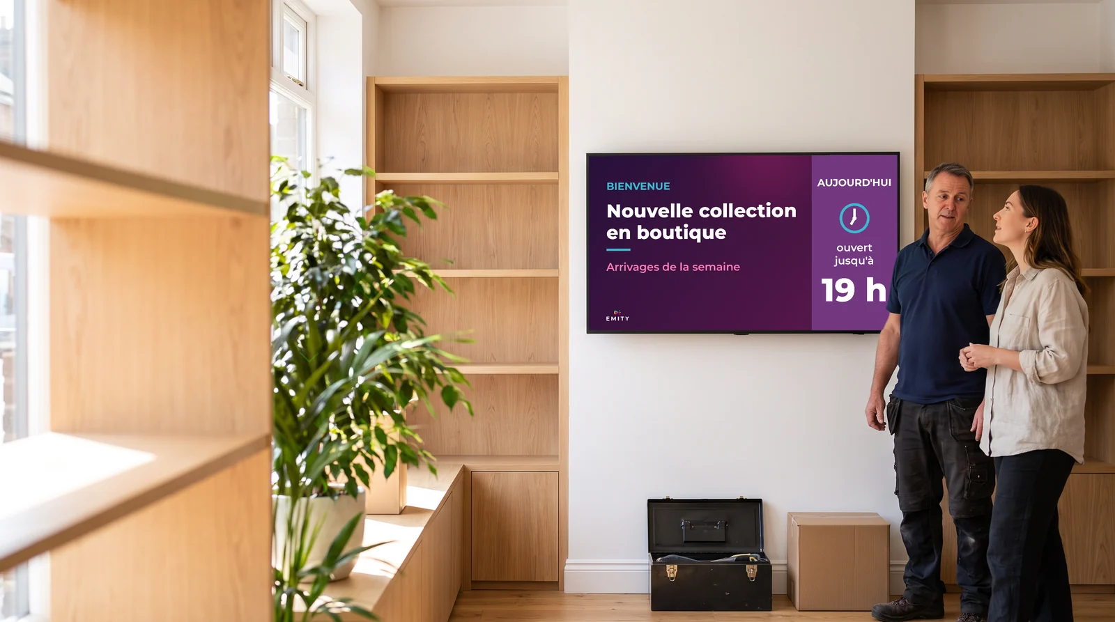 Installateur et commerçante devant l'écran qu'il vient de poser dans la boutique : « Bienvenue · Nouvelle collection en boutique »