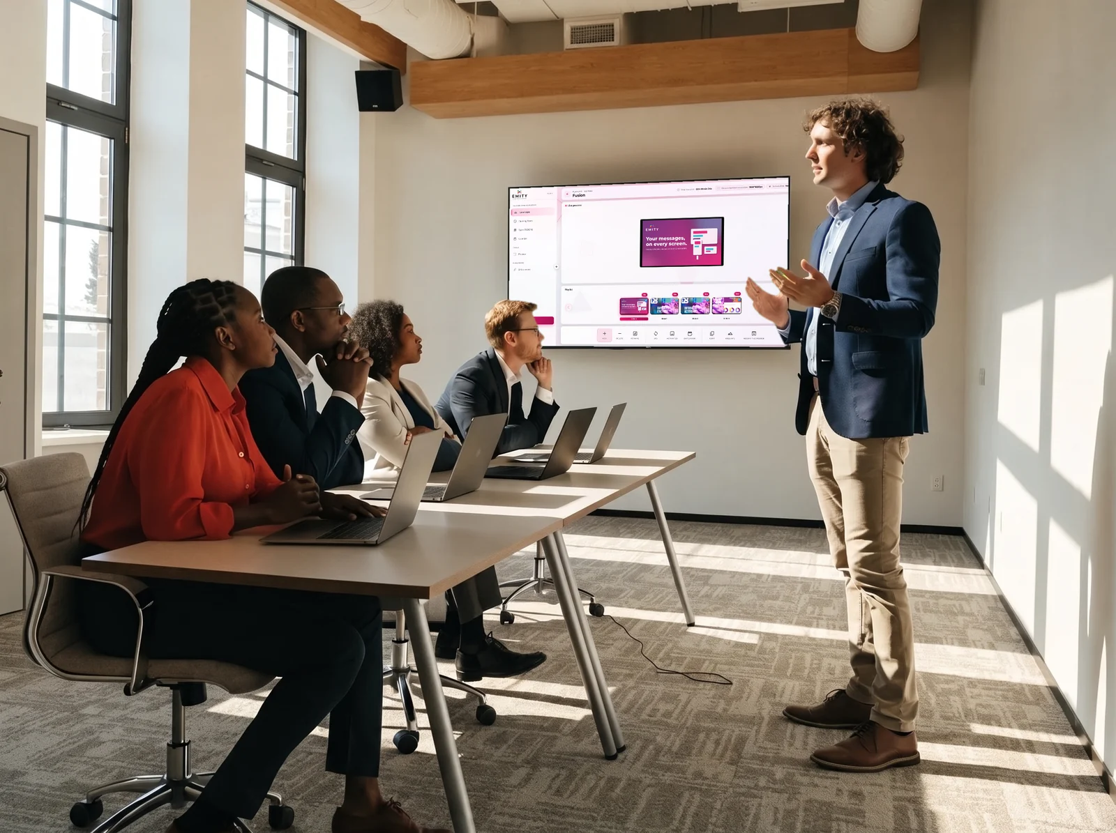 Network training: a trainer presents E-MANAGER, projected on the room screen, to five participants with laptops