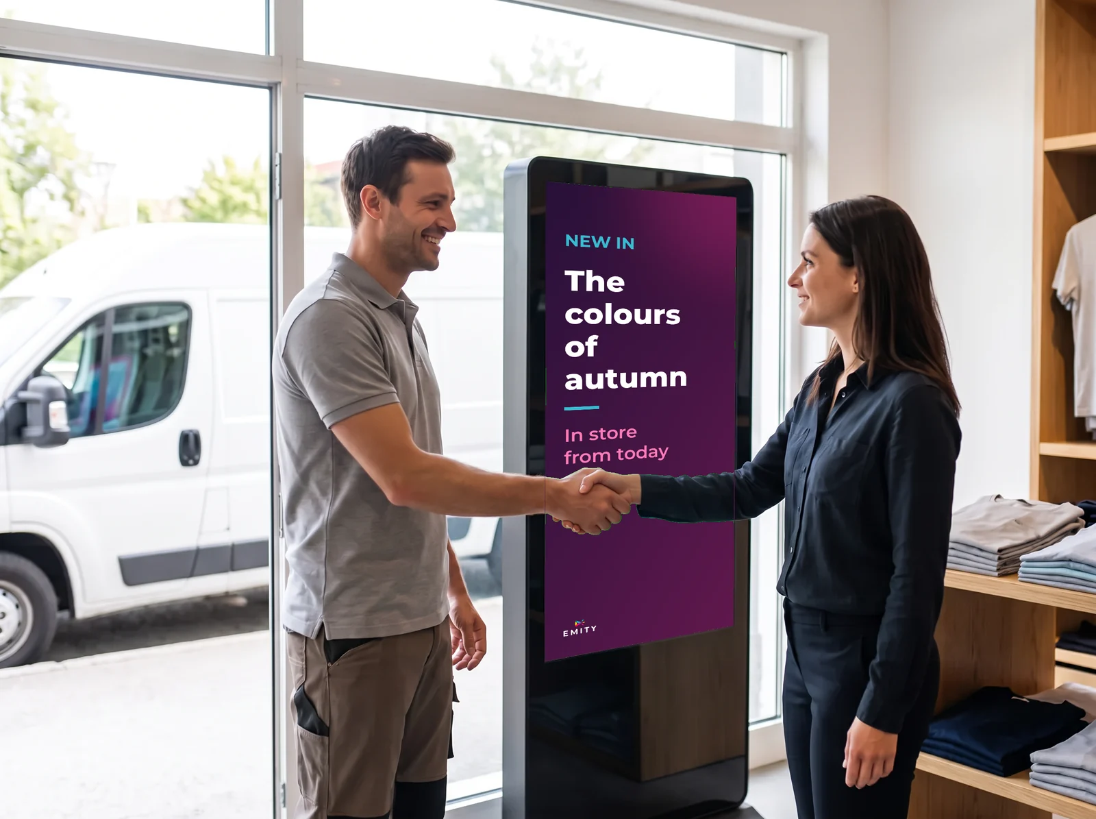 Handshake between a partner and a shop owner in front of a kiosk showing “New in · The colours of autumn”