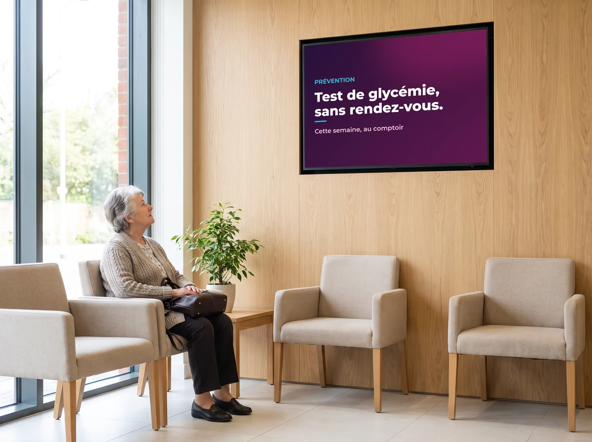 Patiente assise dans l'espace d'attente, face à un écran qui annonce un test de glycémie sans rendez-vous