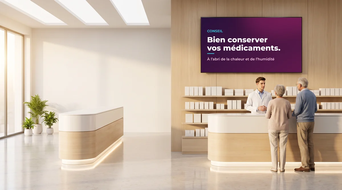 Pharmacien qui conseille un couple au comptoir, sous un écran « Bien conserver vos médicaments »