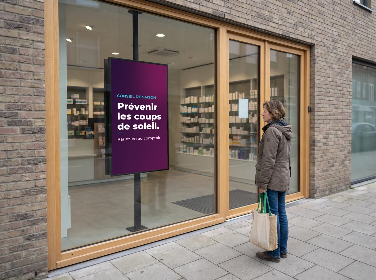 Passante devant la vitrine d'une pharmacie où un écran donne un conseil de saison contre les coups de soleil