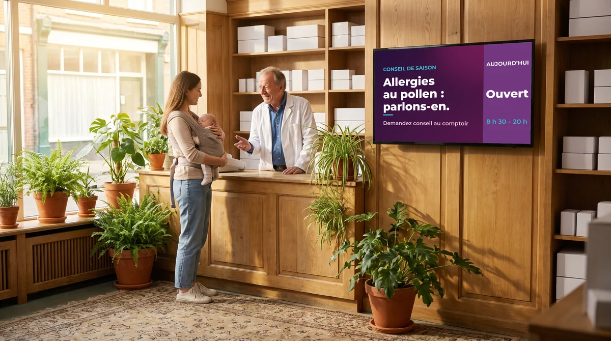 Pharmacien qui conseille une jeune maman au comptoir d'une officine en bois, sous un écran « Conseil de saison : allergies au pollen, parlons-en »