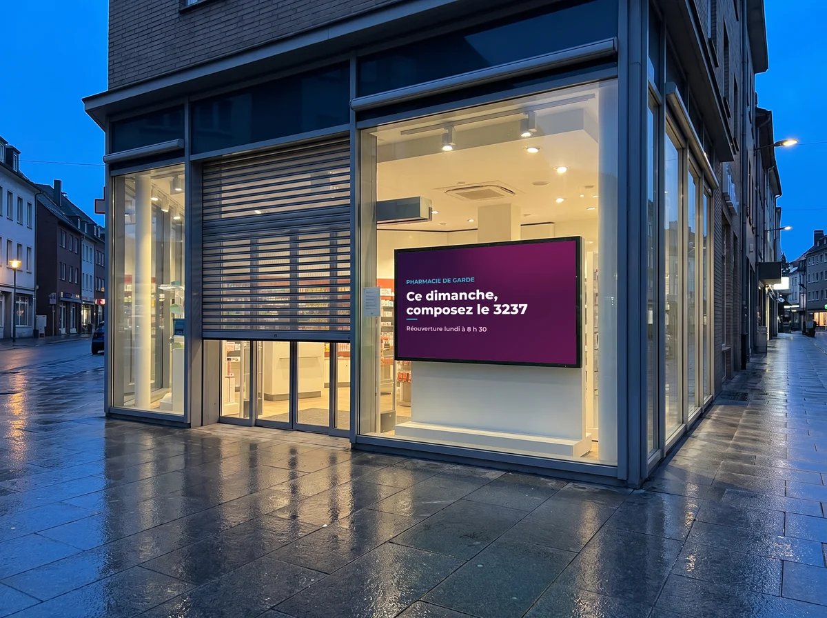 Vitrine de pharmacie la nuit, rideau baissé : l'écran indique la pharmacie de garde du dimanche et le 3237
