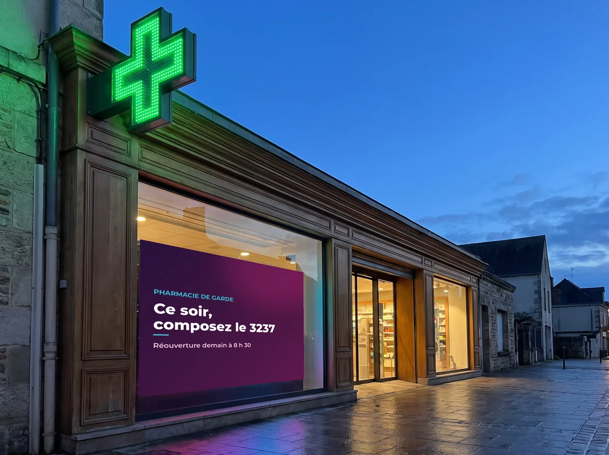 Vitrine de pharmacie le soir : l'écran indique la pharmacie de garde et le numéro 3237