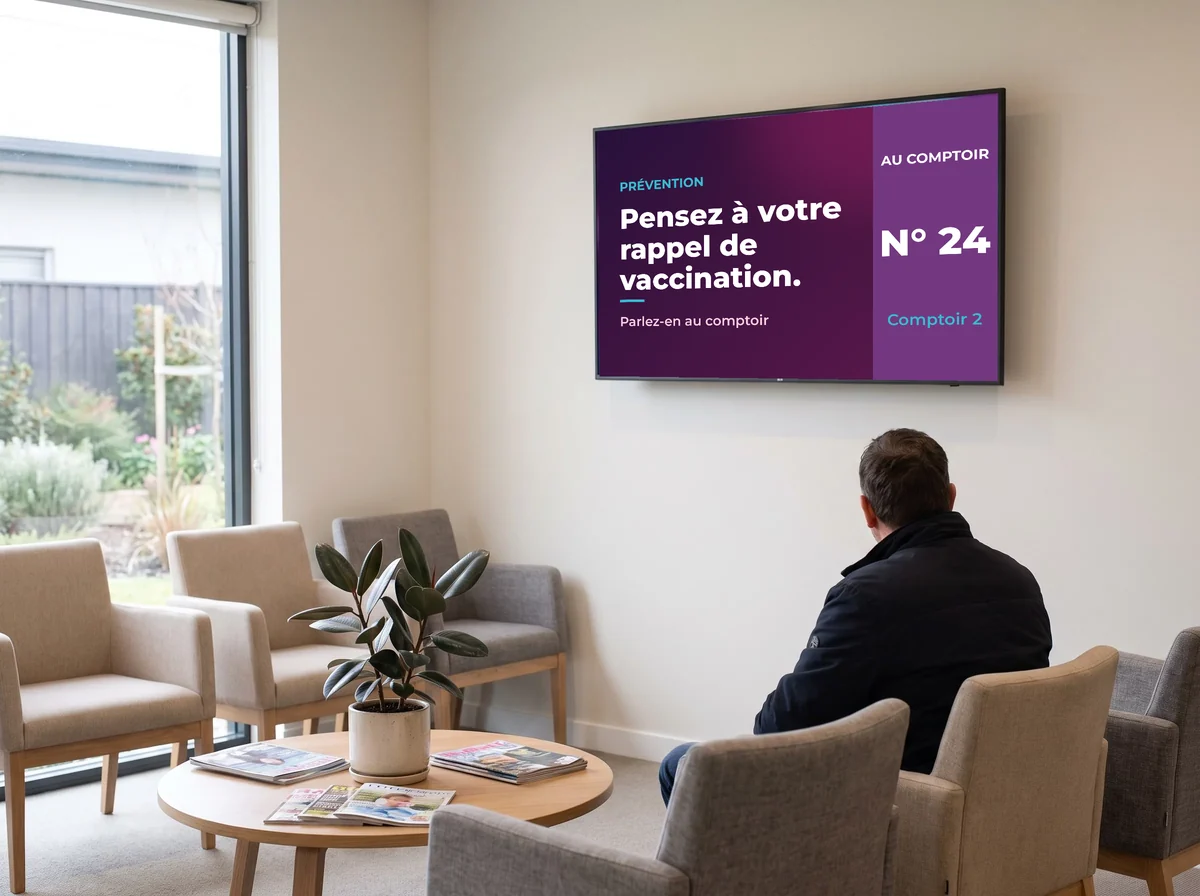 Espace d'attente d'une pharmacie : l'écran affiche le numéro appelé et un message de prévention