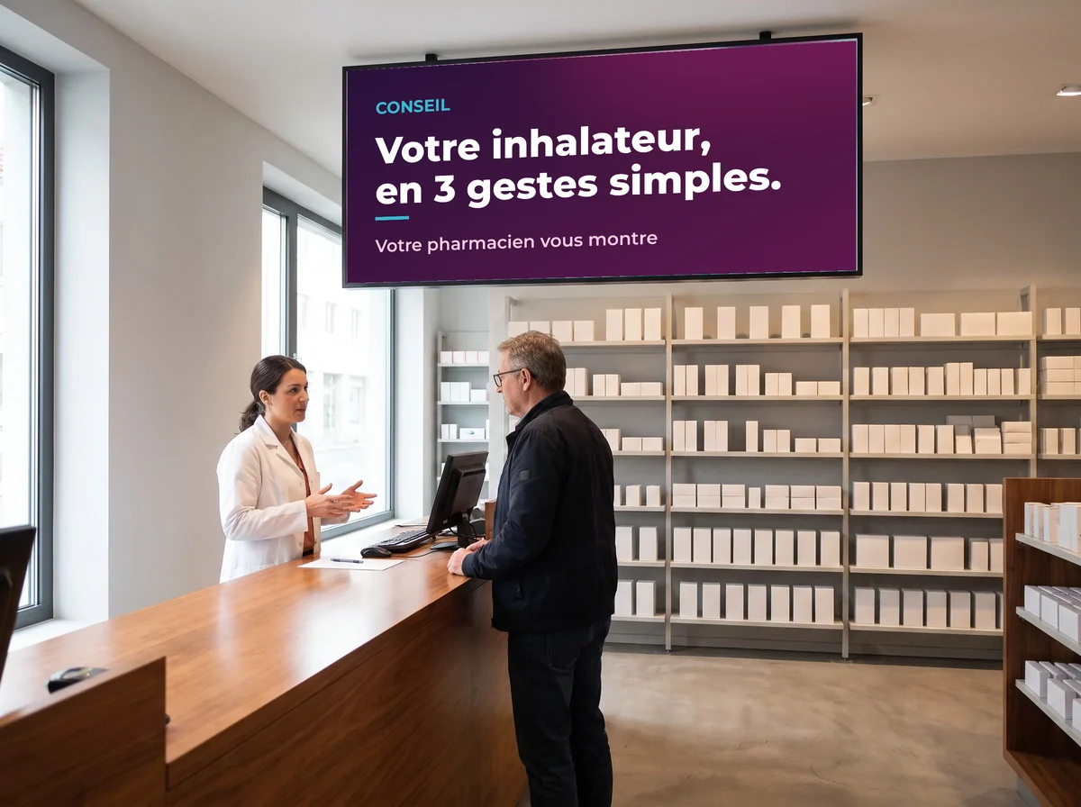 Écran au-dessus du comptoir pendant un conseil : « Votre inhalateur, en 3 gestes simples »