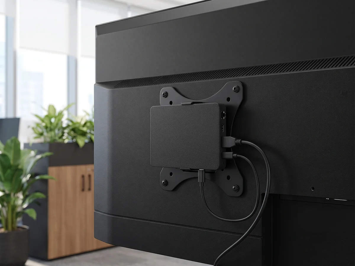 Chromebox negra molt fina fixada a la part posterior d'una pantalla en un espai de reunions