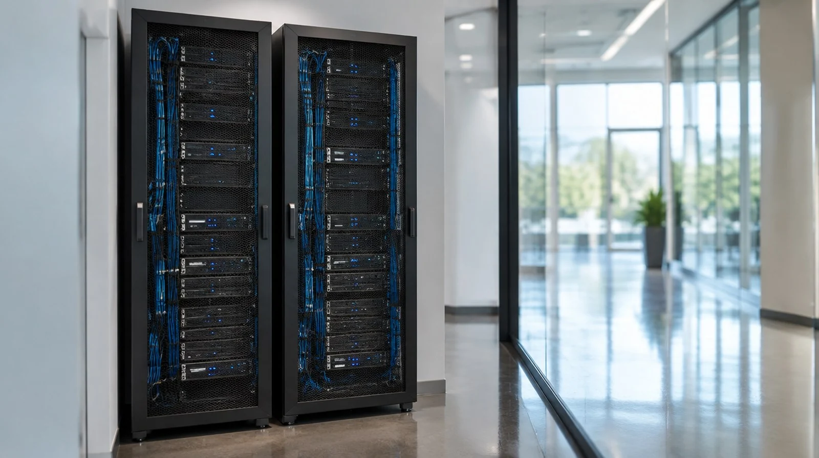 Server racks in a glass-walled technical room in an office building